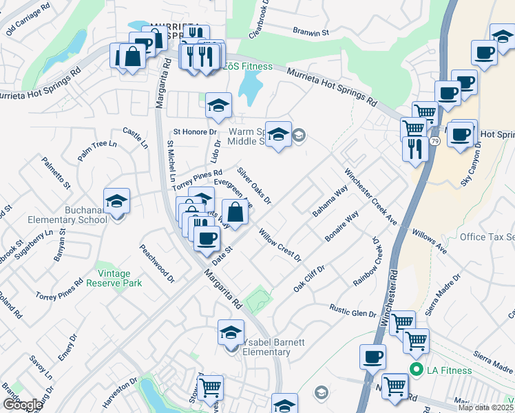 map of restaurants, bars, coffee shops, grocery stores, and more near 26794 Evergreen Avenue in Murrieta