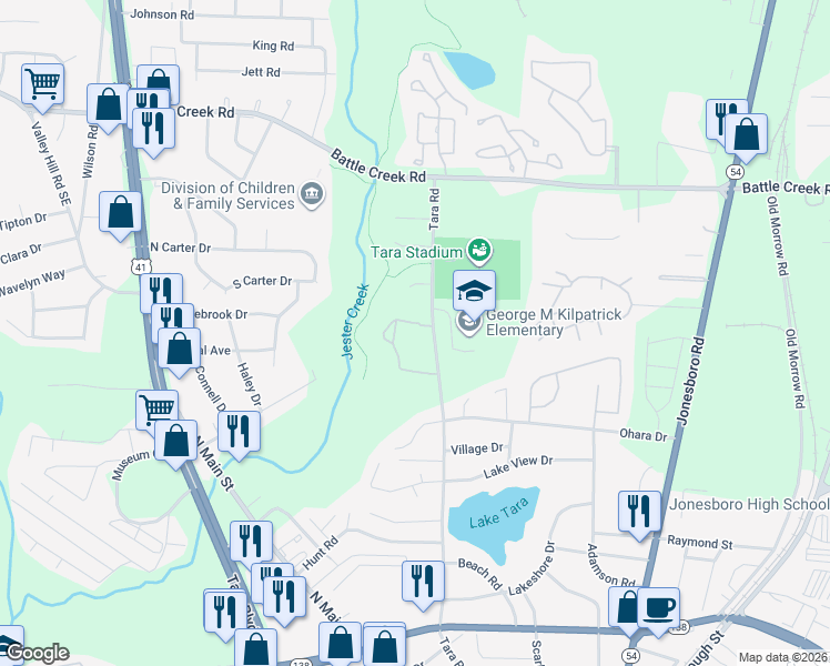 map of restaurants, bars, coffee shops, grocery stores, and more near 7545 Tara Road in Jonesboro