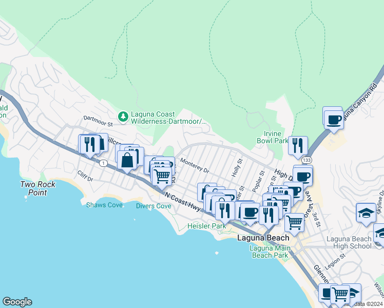 map of restaurants, bars, coffee shops, grocery stores, and more near 451 Hawthorne Road in Laguna Beach