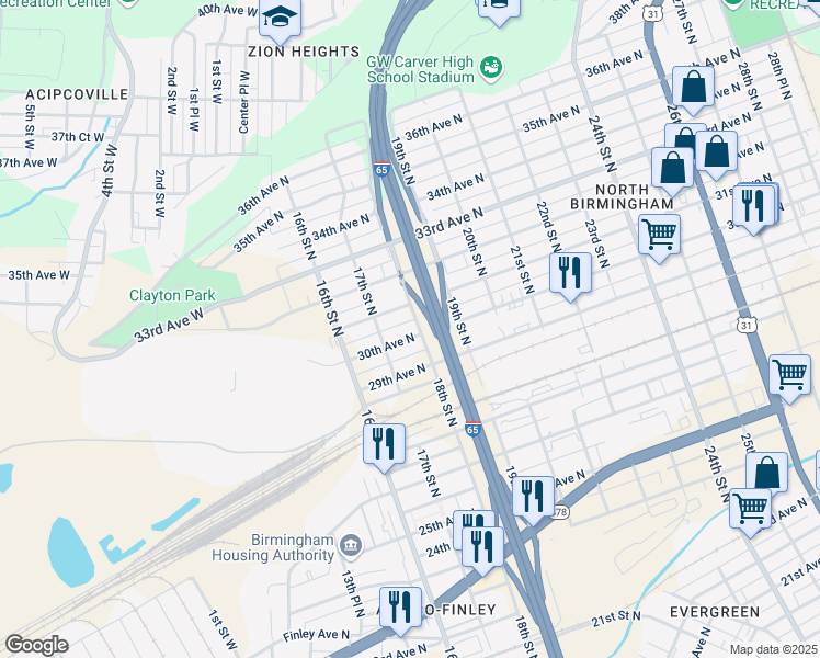 map of restaurants, bars, coffee shops, grocery stores, and more near 1717 31st Avenue North in Birmingham