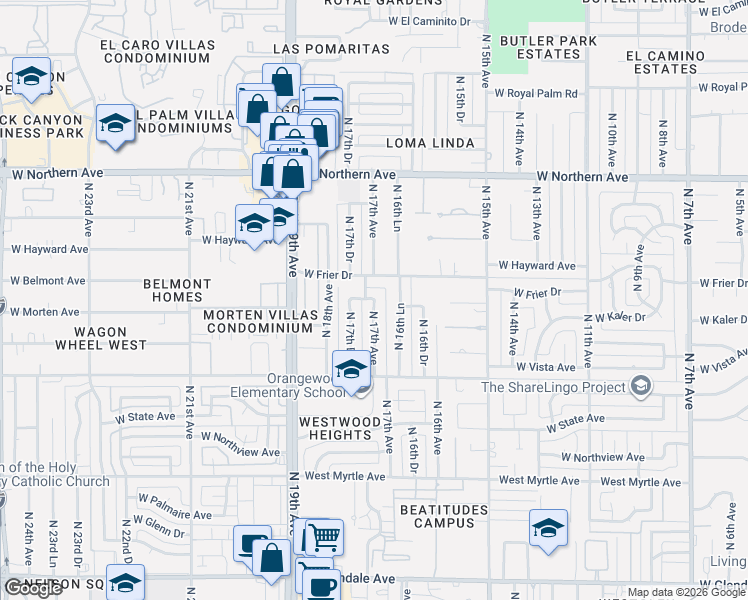 map of restaurants, bars, coffee shops, grocery stores, and more near N 17th Ave & W Morten Ave in Phoenix