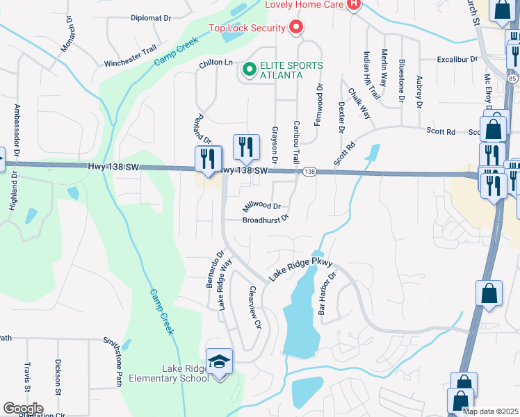 map of restaurants, bars, coffee shops, grocery stores, and more near 7565 Woodbine Place in Riverdale