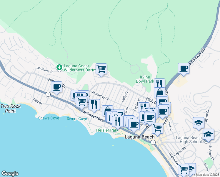 map of restaurants, bars, coffee shops, grocery stores, and more near 464 Locust Street in Laguna Beach