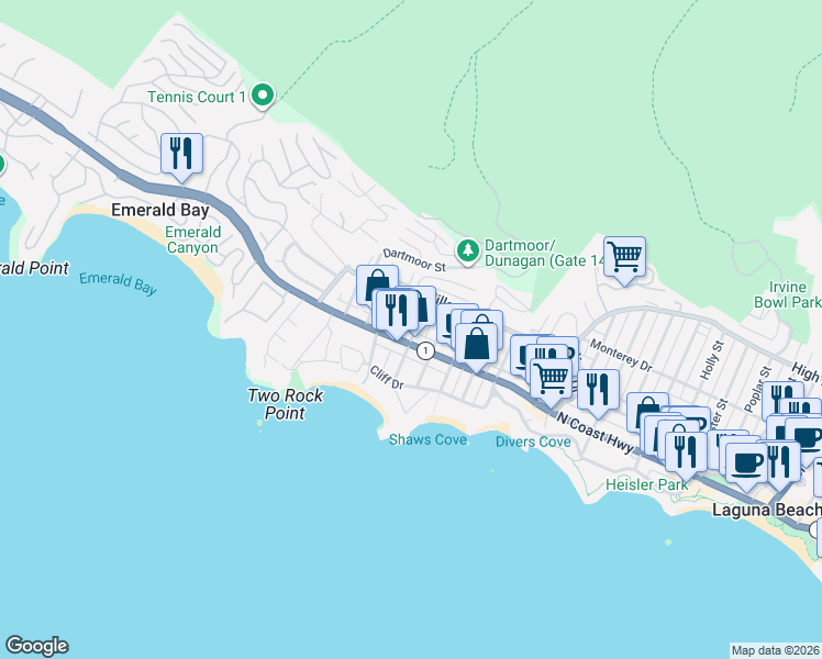 map of restaurants, bars, coffee shops, grocery stores, and more near 226 Chiquita Street in Laguna Beach