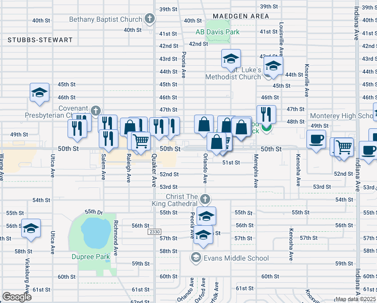 map of restaurants, bars, coffee shops, grocery stores, and more near 4214 50th Street in Lubbock