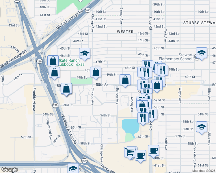 map of restaurants, bars, coffee shops, grocery stores, and more near 24 50th Street in Lubbock