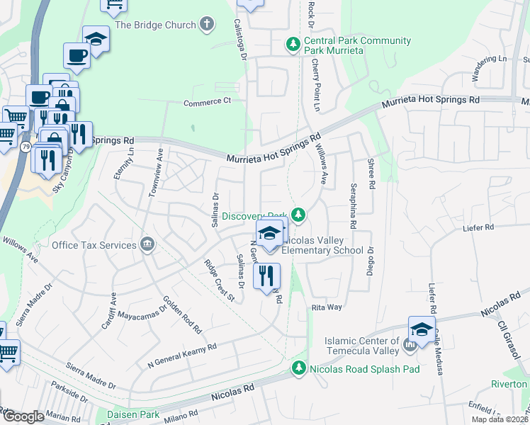 map of restaurants, bars, coffee shops, grocery stores, and more near 39384 Tiburon Drive in Murrieta