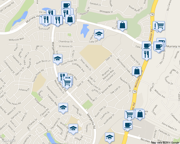 map of restaurants, bars, coffee shops, grocery stores, and more near 26745 Silver Oaks Drive in Murrieta