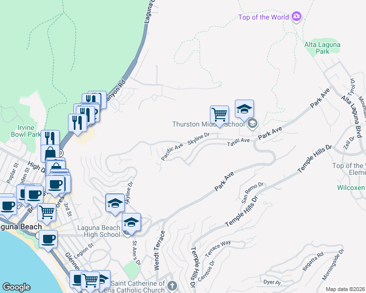 map of restaurants, bars, coffee shops, grocery stores, and more near 1495 Skyline Drive in Laguna Beach