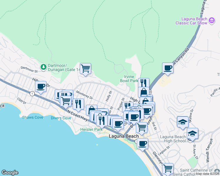 map of restaurants, bars, coffee shops, grocery stores, and more near 380 High Drive in Laguna Beach