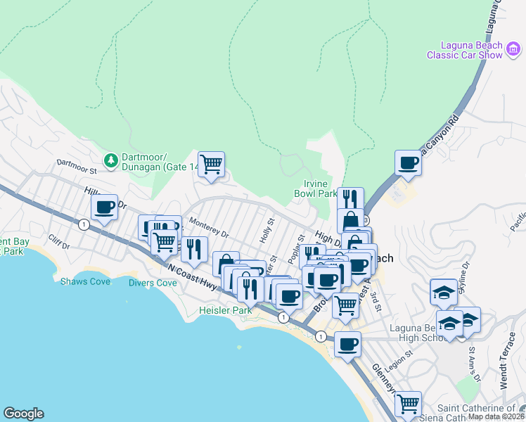 map of restaurants, bars, coffee shops, grocery stores, and more near 380 High Drive in Laguna Beach