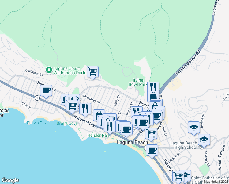 map of restaurants, bars, coffee shops, grocery stores, and more near 380 High Drive in Laguna Beach
