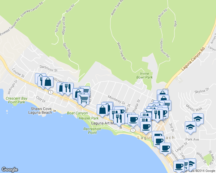 map of restaurants, bars, coffee shops, grocery stores, and more near 480 Myrtle Street in Laguna Beach