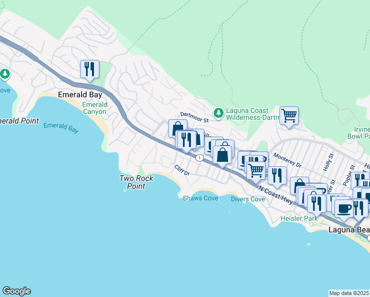 map of restaurants, bars, coffee shops, grocery stores, and more near 245 Cajon Street in Laguna Beach