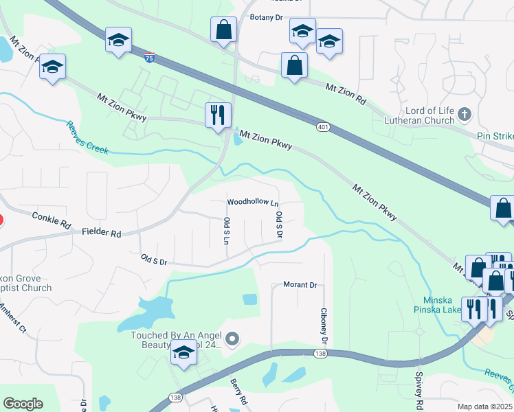 map of restaurants, bars, coffee shops, grocery stores, and more near 2845 Woodhollow Lane in Jonesboro