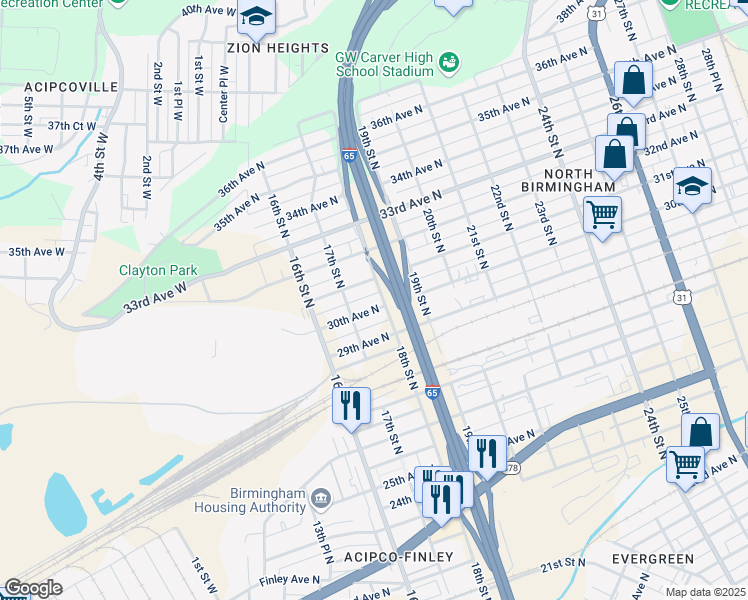 map of restaurants, bars, coffee shops, grocery stores, and more near 1717 31st Avenue North in Birmingham