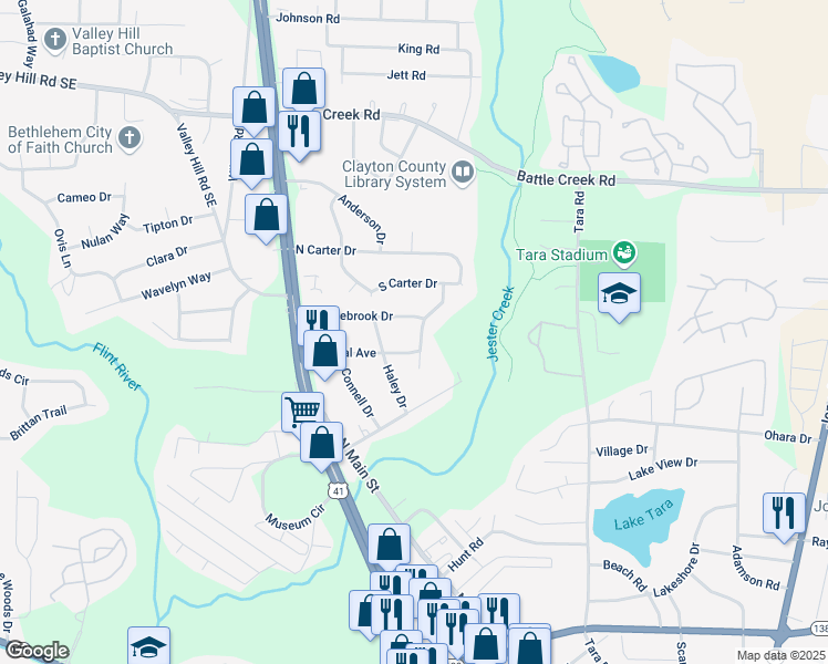 map of restaurants, bars, coffee shops, grocery stores, and more near 7543 Shadow Wood Drive in Jonesboro