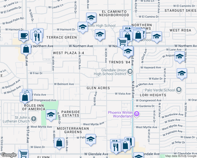 map of restaurants, bars, coffee shops, grocery stores, and more near 4517 West Frier Drive in Glendale