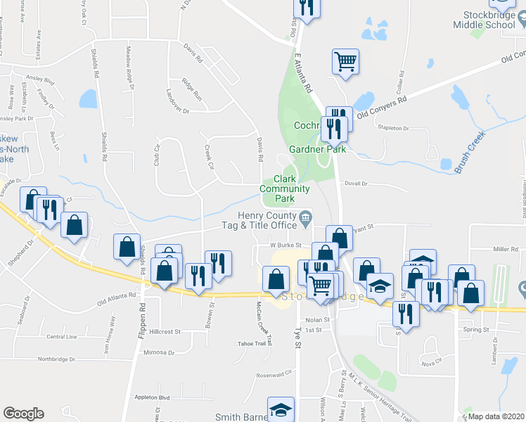 map of restaurants, bars, coffee shops, grocery stores, and more near 143 Turning Point in Stockbridge