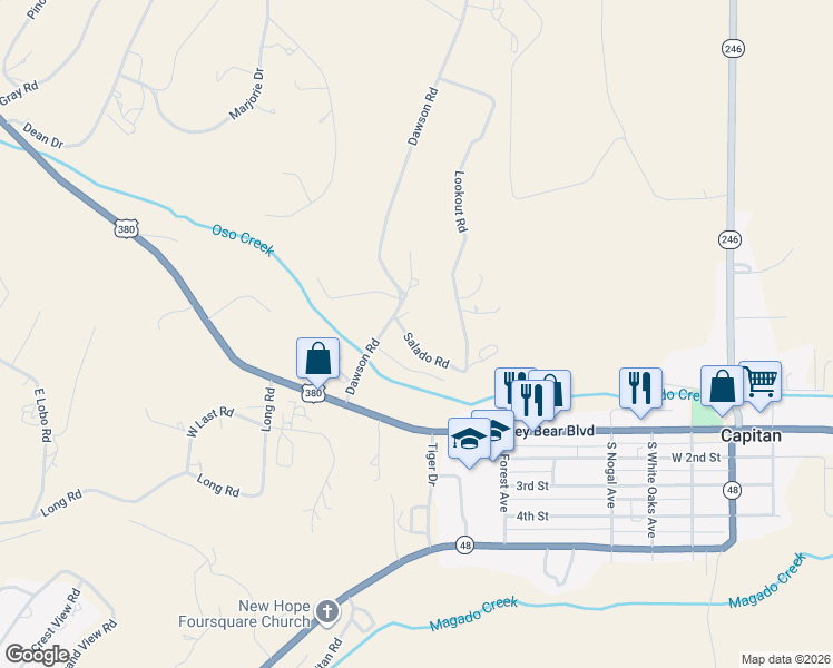 map of restaurants, bars, coffee shops, grocery stores, and more near 101 Salado Road in Capitan