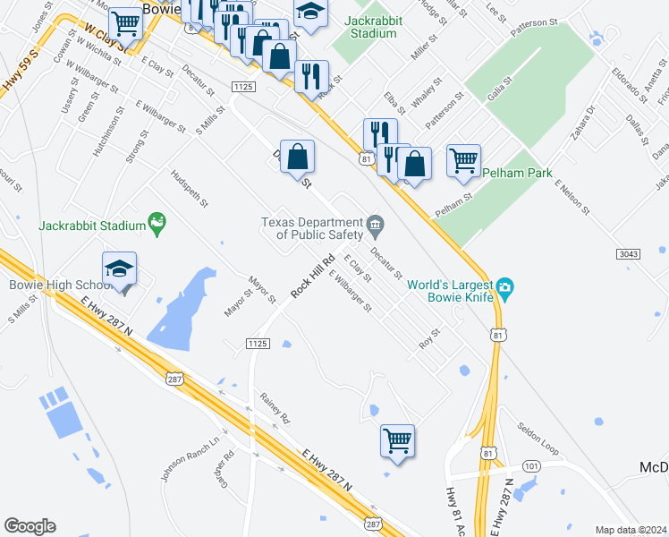 map of restaurants, bars, coffee shops, grocery stores, and more near 603 East Wilbarger Street in Bowie