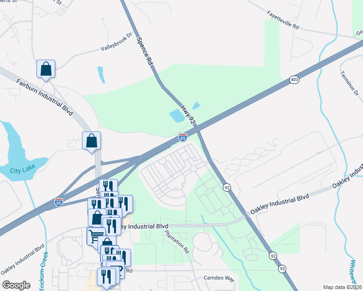 map of restaurants, bars, coffee shops, grocery stores, and more near 5535 Radford Loop in Fairburn