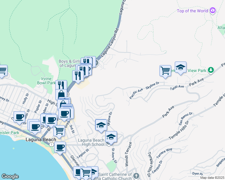 map of restaurants, bars, coffee shops, grocery stores, and more near 1345 Skyline Drive in Laguna Beach
