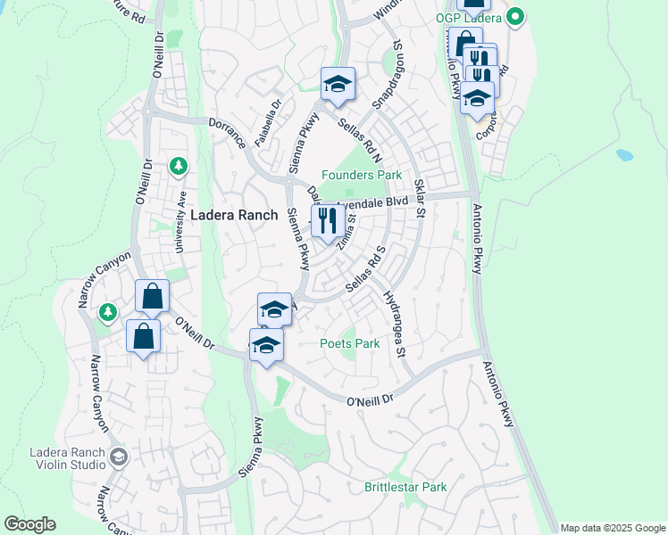 map of restaurants, bars, coffee shops, grocery stores, and more near 33 Strawflower Street in Ladera Ranch