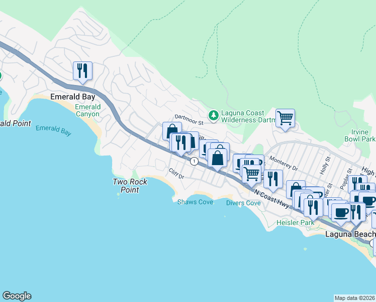 map of restaurants, bars, coffee shops, grocery stores, and more near Chiquita Street in Laguna Beach