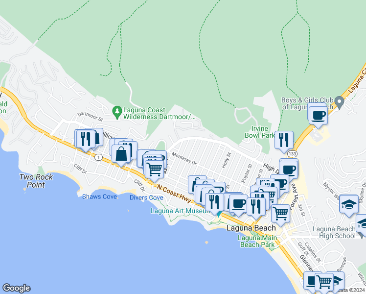 map of restaurants, bars, coffee shops, grocery stores, and more near 451 Hawthorne Road in Laguna Beach