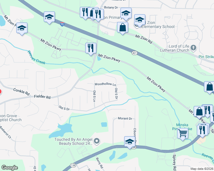 map of restaurants, bars, coffee shops, grocery stores, and more near 2822 Woodhollow Lane in Jonesboro