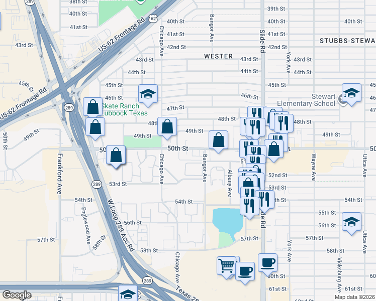 map of restaurants, bars, coffee shops, grocery stores, and more near 24 50th Street in Lubbock
