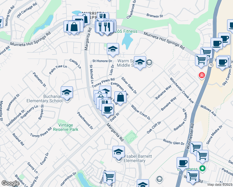map of restaurants, bars, coffee shops, grocery stores, and more near 39705 Primrose Circle in Murrieta
