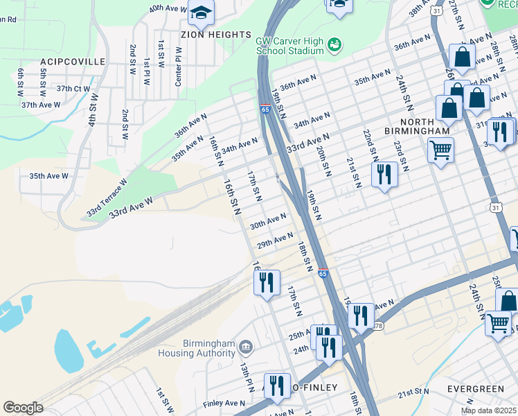map of restaurants, bars, coffee shops, grocery stores, and more near 1620 31st Avenue North in Birmingham