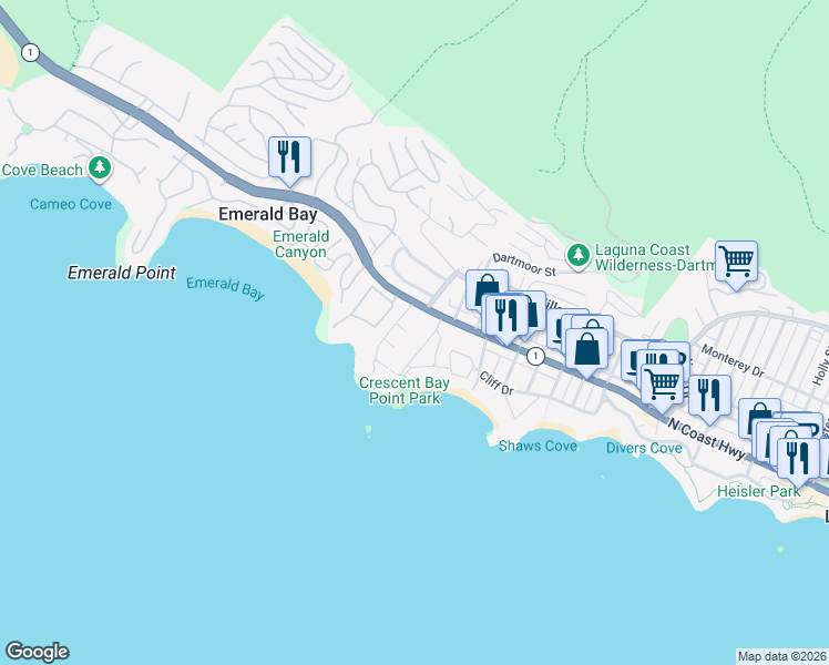 map of restaurants, bars, coffee shops, grocery stores, and more near 1570 Via Capri in Laguna Beach