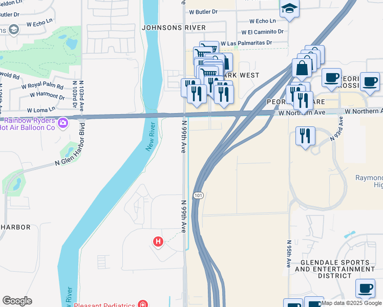 map of restaurants, bars, coffee shops, grocery stores, and more near 7819-7915 North 99th Avenue in Glendale