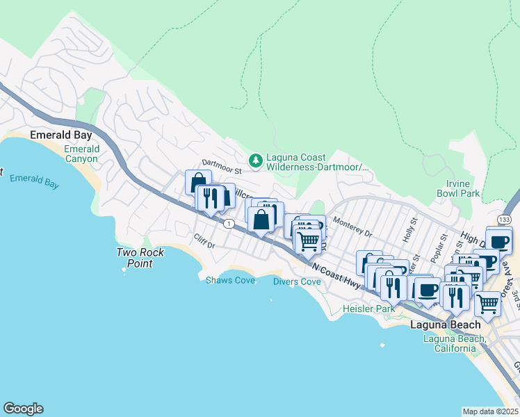 map of restaurants, bars, coffee shops, grocery stores, and more near 283 Fairview Street in Laguna Beach