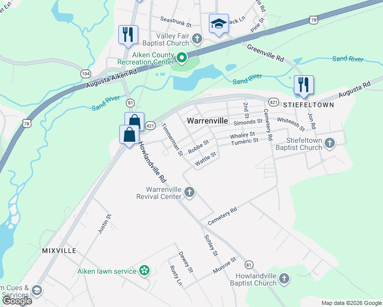 map of restaurants, bars, coffee shops, grocery stores, and more near 123 Robbe Street in Warrenville