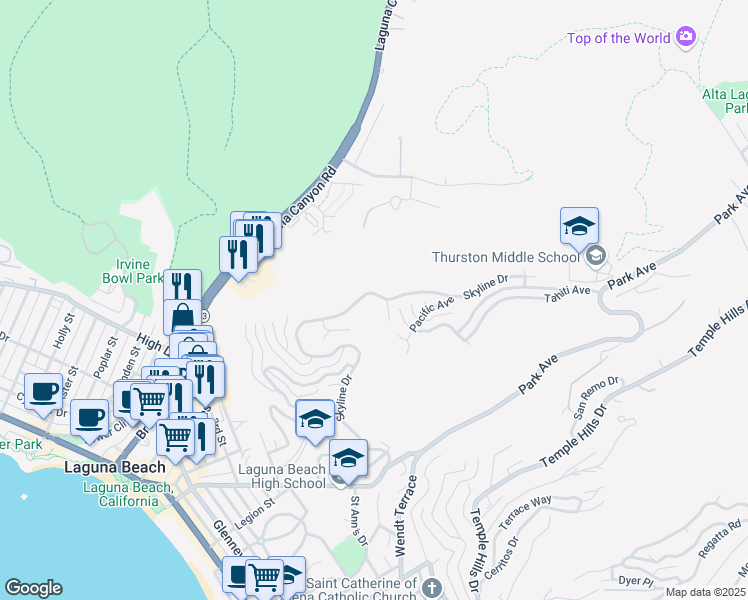 map of restaurants, bars, coffee shops, grocery stores, and more near 1380 Skyline Drive in Laguna Beach