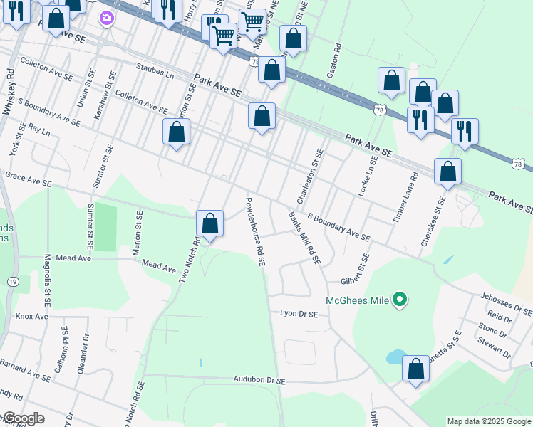 map of restaurants, bars, coffee shops, grocery stores, and more near 1215 South Boundary Avenue Southeast in Aiken