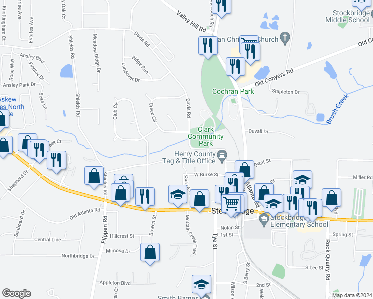 map of restaurants, bars, coffee shops, grocery stores, and more near 137 Turning Point in Stockbridge