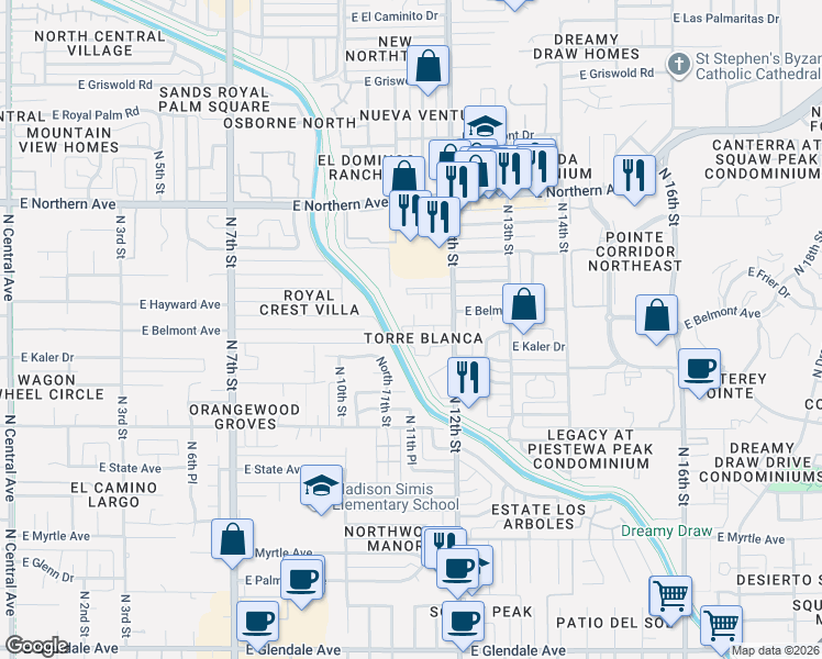 map of restaurants, bars, coffee shops, grocery stores, and more near 1150 East Belmont Avenue in Phoenix