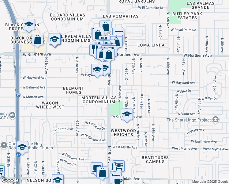 map of restaurants, bars, coffee shops, grocery stores, and more near 7625 North 19th Avenue in Phoenix