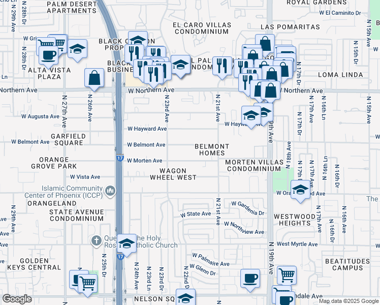 map of restaurants, bars, coffee shops, grocery stores, and more near 2225 West Belmont Avenue in Phoenix