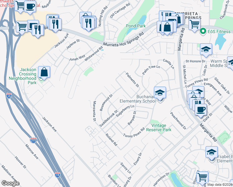 map of restaurants, bars, coffee shops, grocery stores, and more near 26133 Willowbrook Court in Murrieta