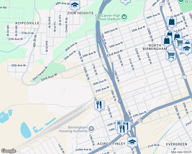 map of restaurants, bars, coffee shops, grocery stores, and more near 1620 31st Avenue North in Birmingham