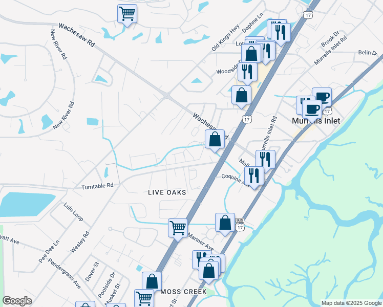 map of restaurants, bars, coffee shops, grocery stores, and more near 13 Muddy Bay Drive in Murrells Inlet