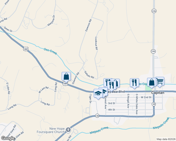 map of restaurants, bars, coffee shops, grocery stores, and more near 101-117 Salado Road in Capitan