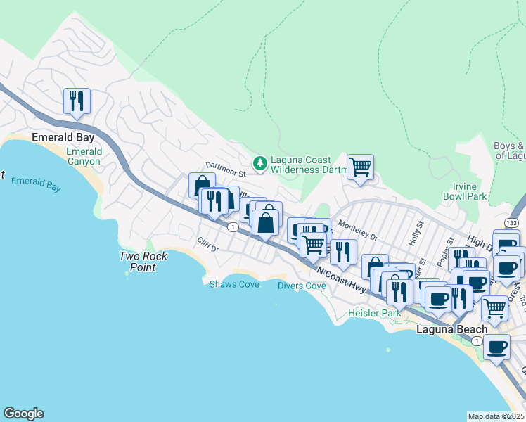 map of restaurants, bars, coffee shops, grocery stores, and more near 950 Hillcrest Drive in Laguna Beach