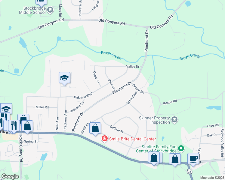 map of restaurants, bars, coffee shops, grocery stores, and more near 176 Oakland Boulevard in Stockbridge